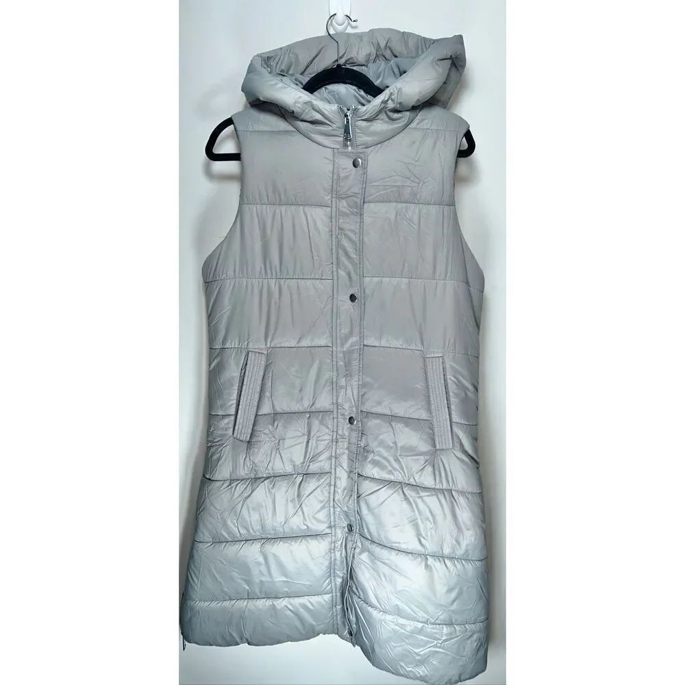 Gray hooded long quilted vest size Small